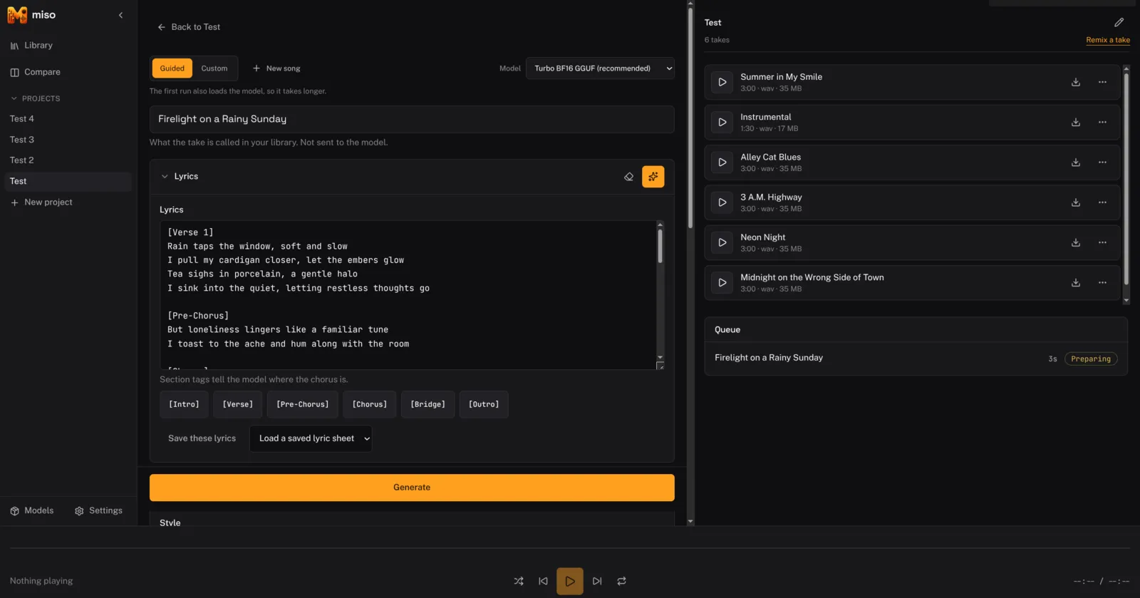 The Miso generate panel, with the guided prompt builder and lyrics editor